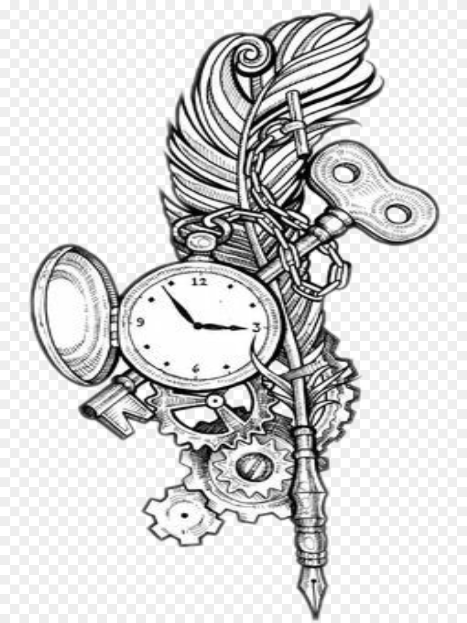 Sticker Freetoedit Tattoo Feather Clock Key Drawing Pocket Watch Feather Tattoo, Art, Cross, Symbol Png Image