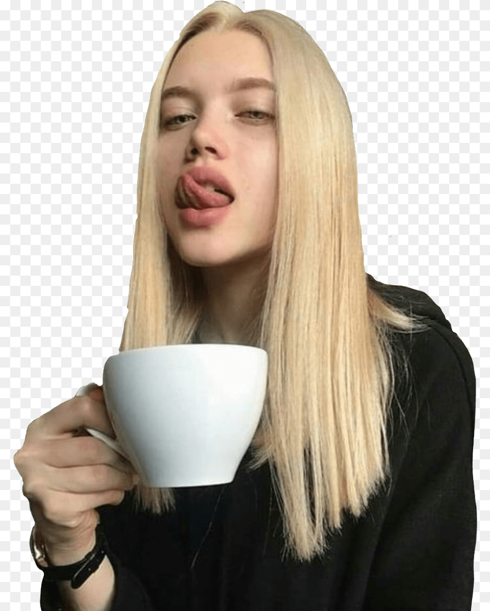 Sticker Girl Blonde Aesthetic Coffee Drinking Blonde Straight Hair Aesthetic, Adult, Cup, Face, Female Png Image