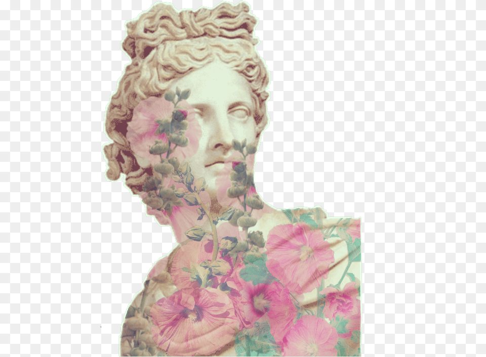 Sticker Vintage Statue Hollyhock Flowers Aesthetic Aesthetic Statue, Plant, Flower, Art, Painting Free Transparent Png
