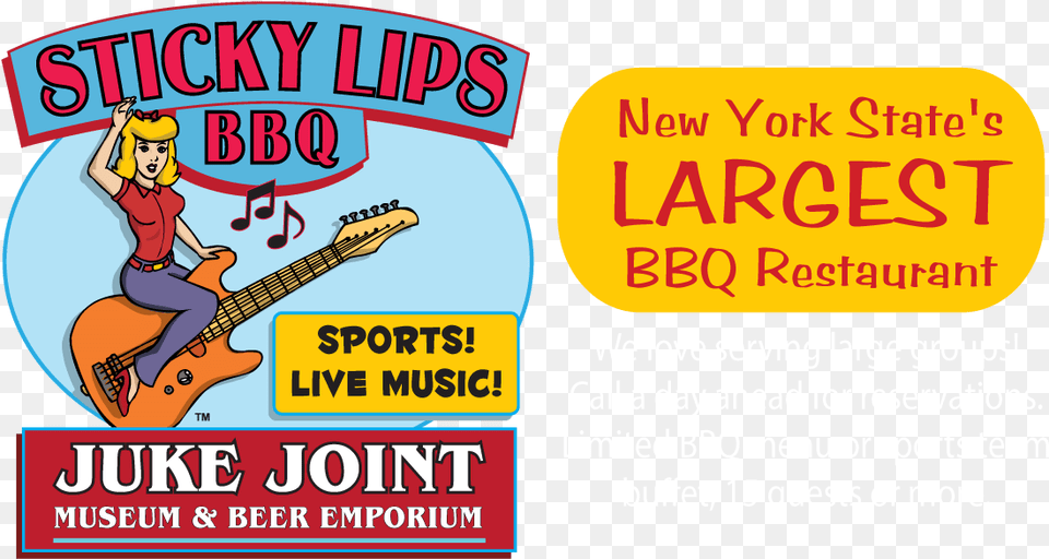 Sticky Lips Pit Bbq, Advertisement, Guitar, Musical Instrument, Person Png Image