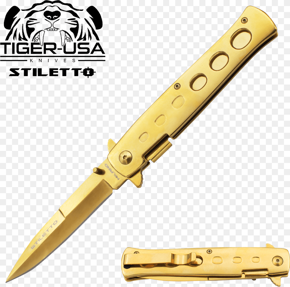 Stiletto Milano Knife Gold, Blade, Weapon, Dagger, Gun Png