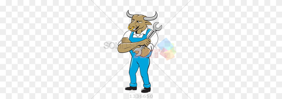 Stock Illustration Of Cartoon Bull Mechanic In Blue Arms Crossed, Person Free Png