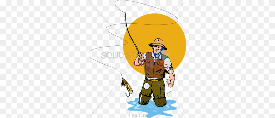 Stock Illustration Of Cartoon Rendition Of Fisherman Fly Fishing, Water, Person, Outdoors, Leisure Activities Png Image