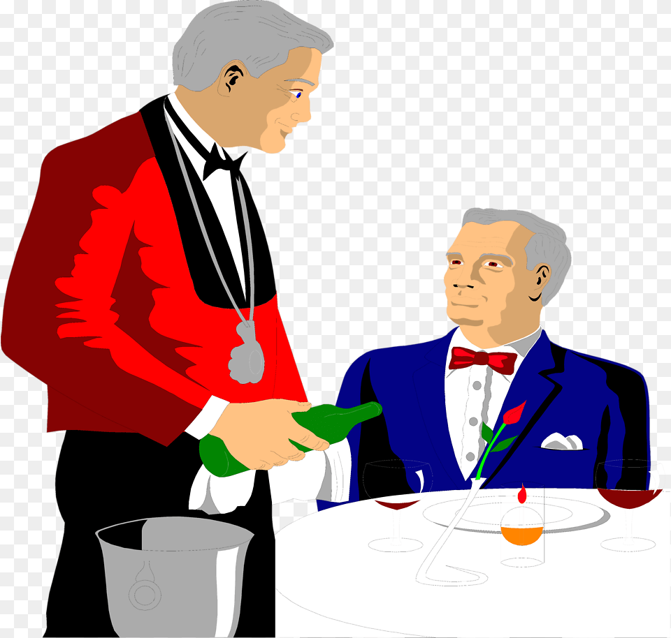 Stock Photo Illustration Of A Waiter Pouring A Drink Waiter, Clothing, Formal Wear, Suit, Male Free Png