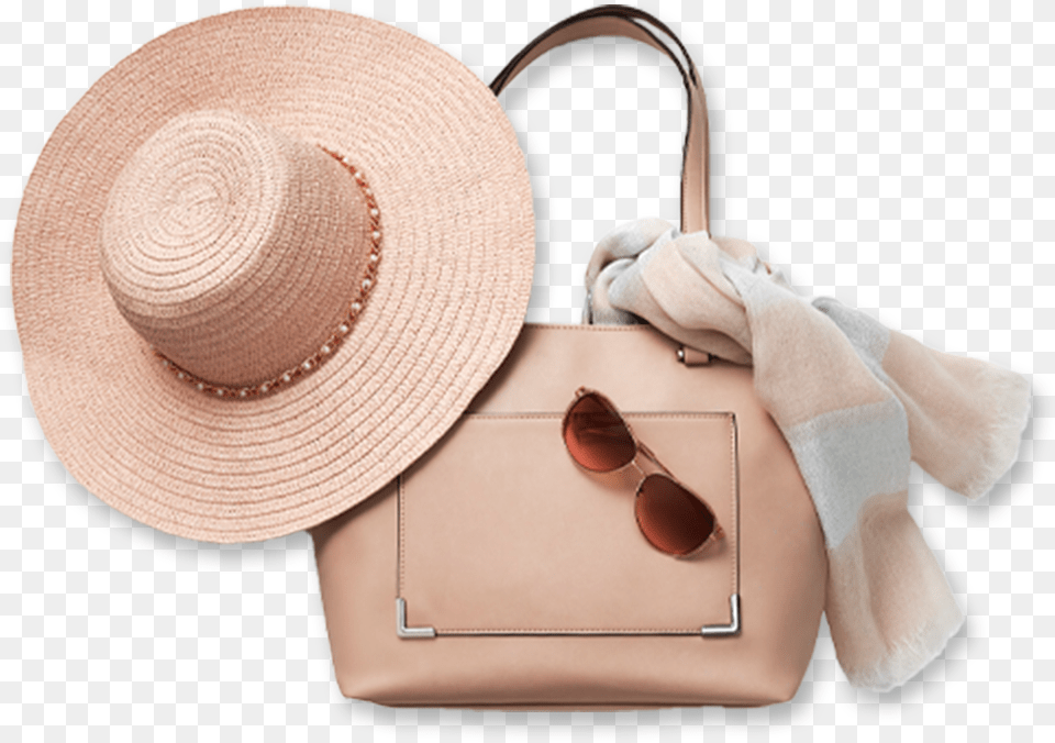 Straw Hat With Tan Bag Sunglasses And A Silk Scarf Wood, Accessories, Clothing, Handbag, Sun Hat Png