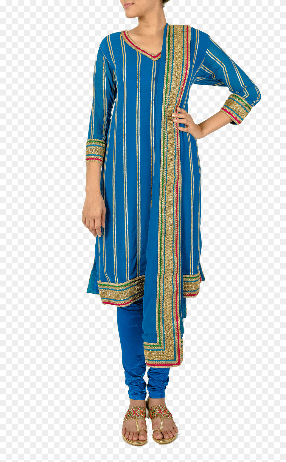 Striped Blue Gota Kurta Set By Asal By Abu Sandeep, Clothing, Footwear, Sandal, Person Free Png Download