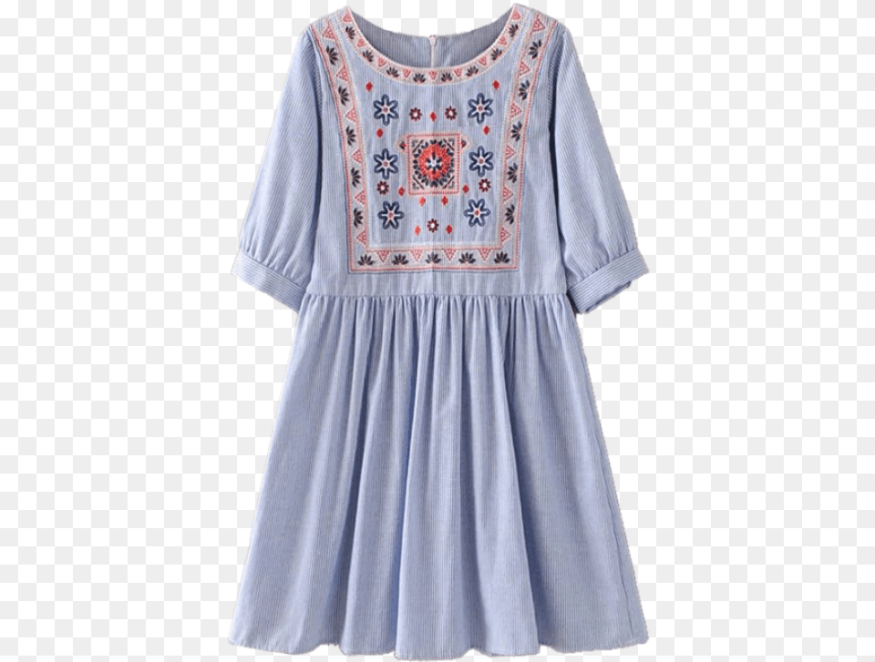 Striped Embroidered Smock Mini Dress Blue Stripe With White Embroidery, Blouse, Clothing, Pattern Free Png Download