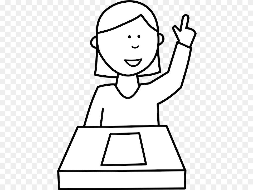 Student Girl People Vector Graphic On Pixabay Raise Hand Clipart Black And White, Stencil, Face, Head, Person Free Png