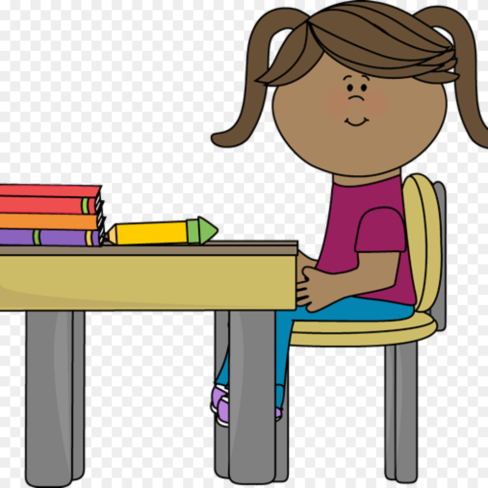 Student Working At Desk Clipart School Girl Sitting Girl Sitting At Desk Clipart, Table, Reading, Furniture, Person Png Image