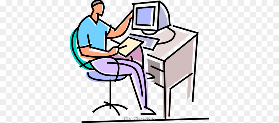 Student Working On His Computer Royalty Vector Clip Art, Desk, Electronics, Furniture, Table Free Png