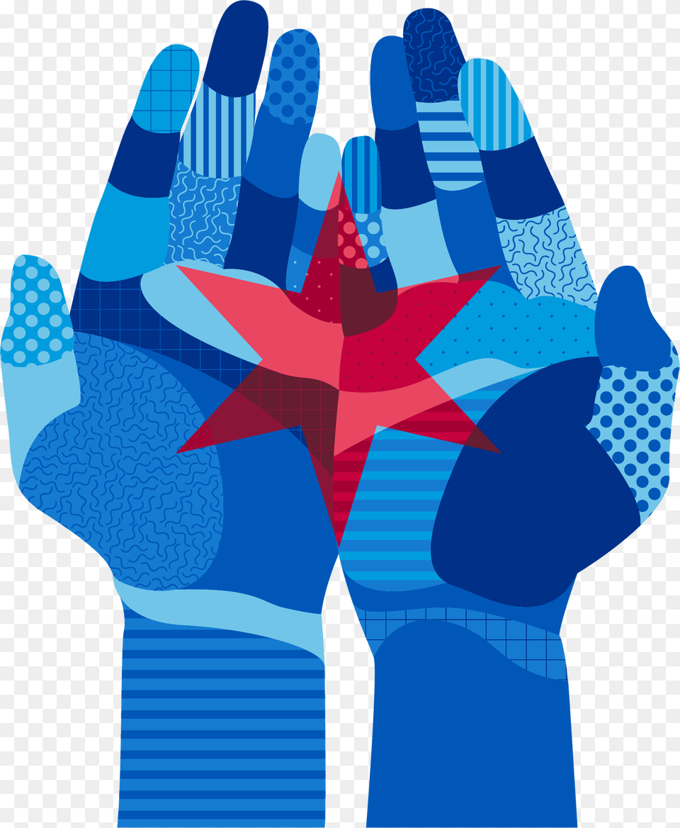 Stylized Graphic Of Blue Hands Holding Red Chicago Chicago, Body Part, Hand, Person, Symbol Png Image