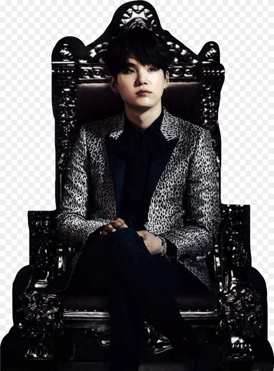 Suga Bts Dark Fancy Royalty Kpop Minyoongi Btssuga Yoongi With A Black Background, Furniture, Adult, Black Hair, Person Png Image