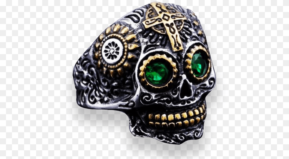 Sugar Skull Ring Gold Amp Green Cz Rock Biker Retro, Accessories, Jewelry, Gemstone Free Png
