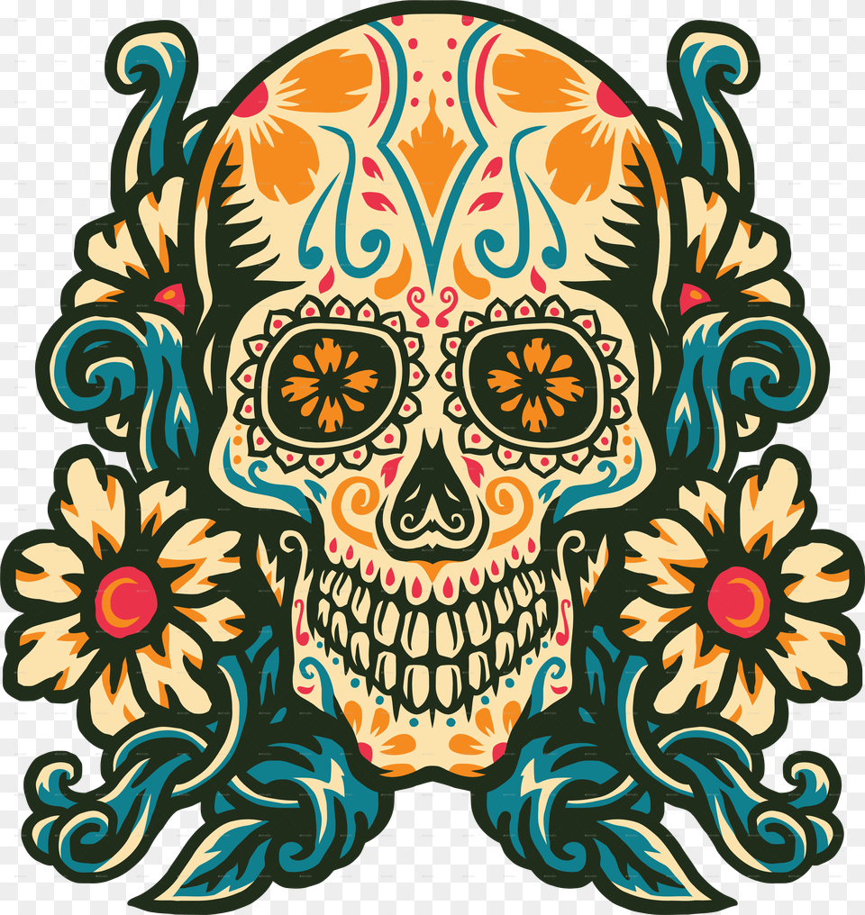 Sugar Skull With Flower Border Sugar Skull, Art, Graphics, Pattern, Floral Design Png