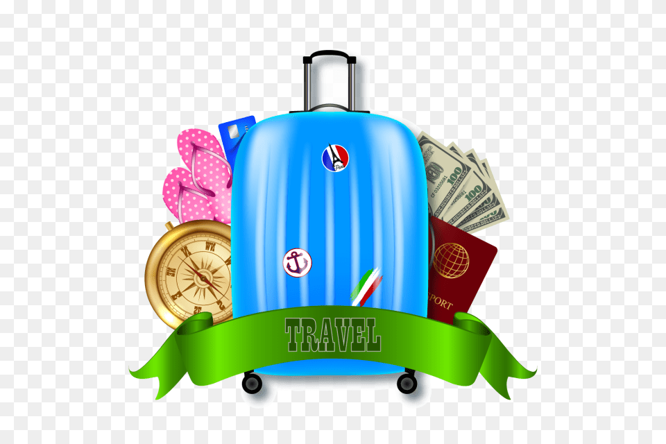 Suitcase Passport And Money For Travel Compass Palm Travel, Baggage, Dynamite, Weapon Png Image