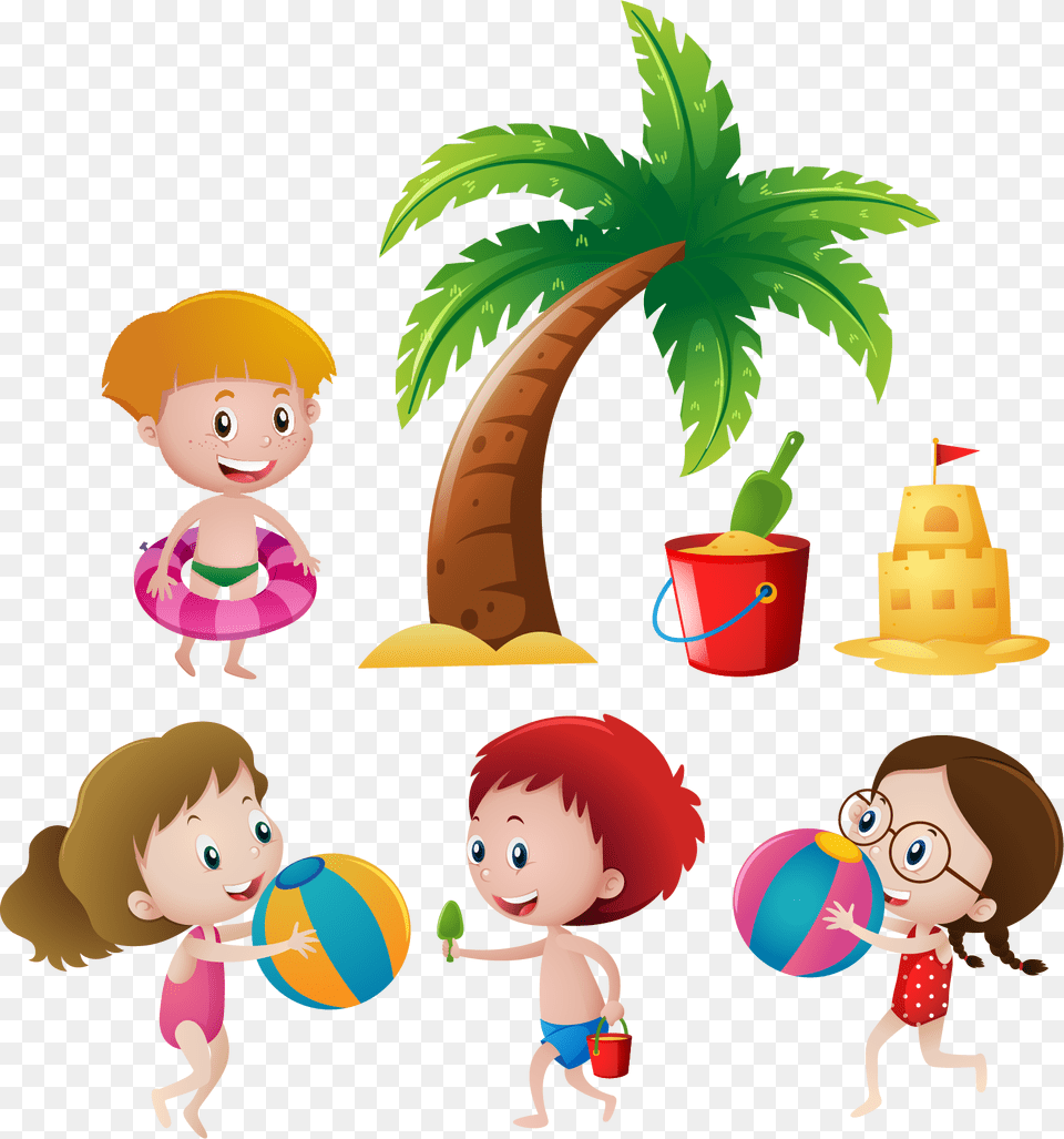 Summer Kids Painted Hand Euclidean Vector Child Clipart Child On Beach Cartoon, Baby, Doll, Person, Toy Png Image