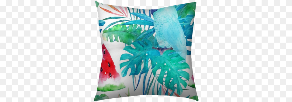 Summer Pattern With Watercolor Parrot Palm Leaves Watercolor Painting, Cushion, Home Decor, Pillow Free Png
