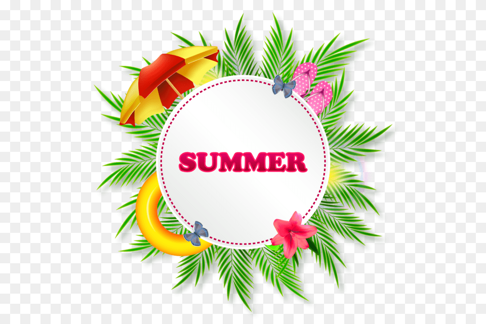 Summer Sticker Or Poster With Palm Leaves Summer Round Sun, Art, Graphics, Leaf, Plant Free Png Download