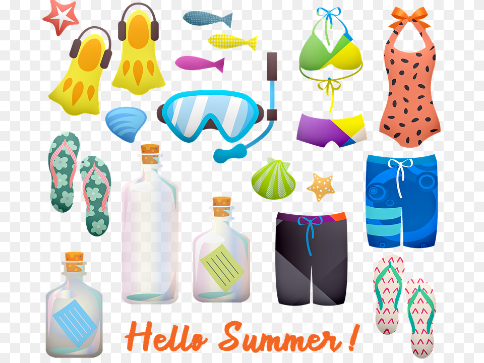 Summer Swimsuit Flip Flops Snorkel Shorts, Shoe, Footwear, Clothing, Bottle Free Transparent Png