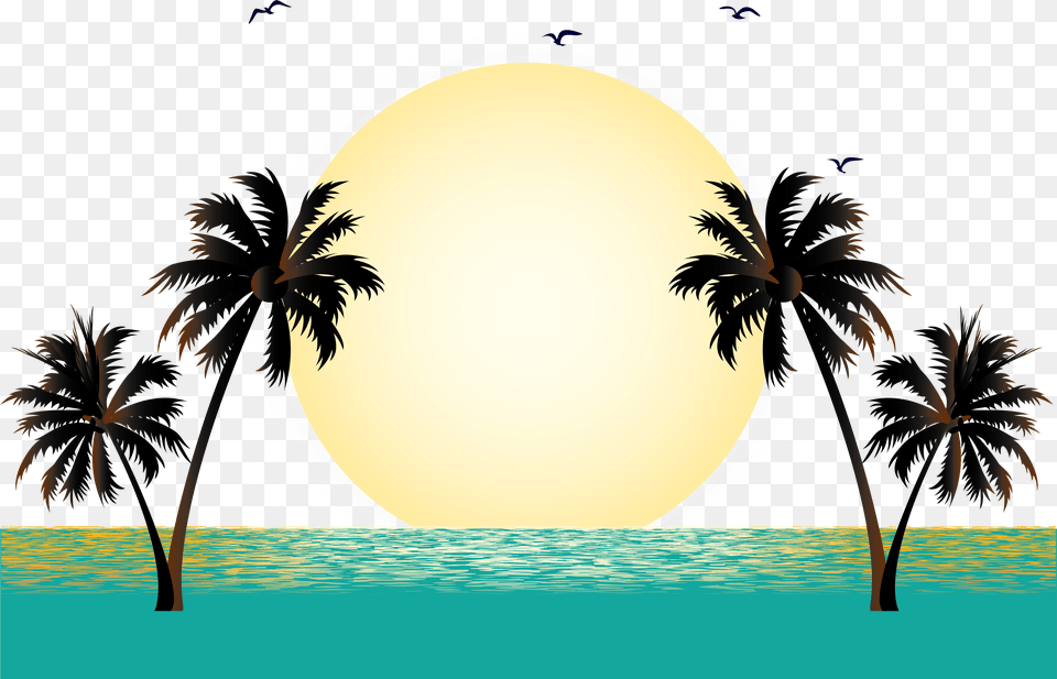 Summer Vacation Beach Palm Tree Silhouette Clip Art Black Coconut Tree Vector, Palm Tree, Plant, Water, Sea Free Png