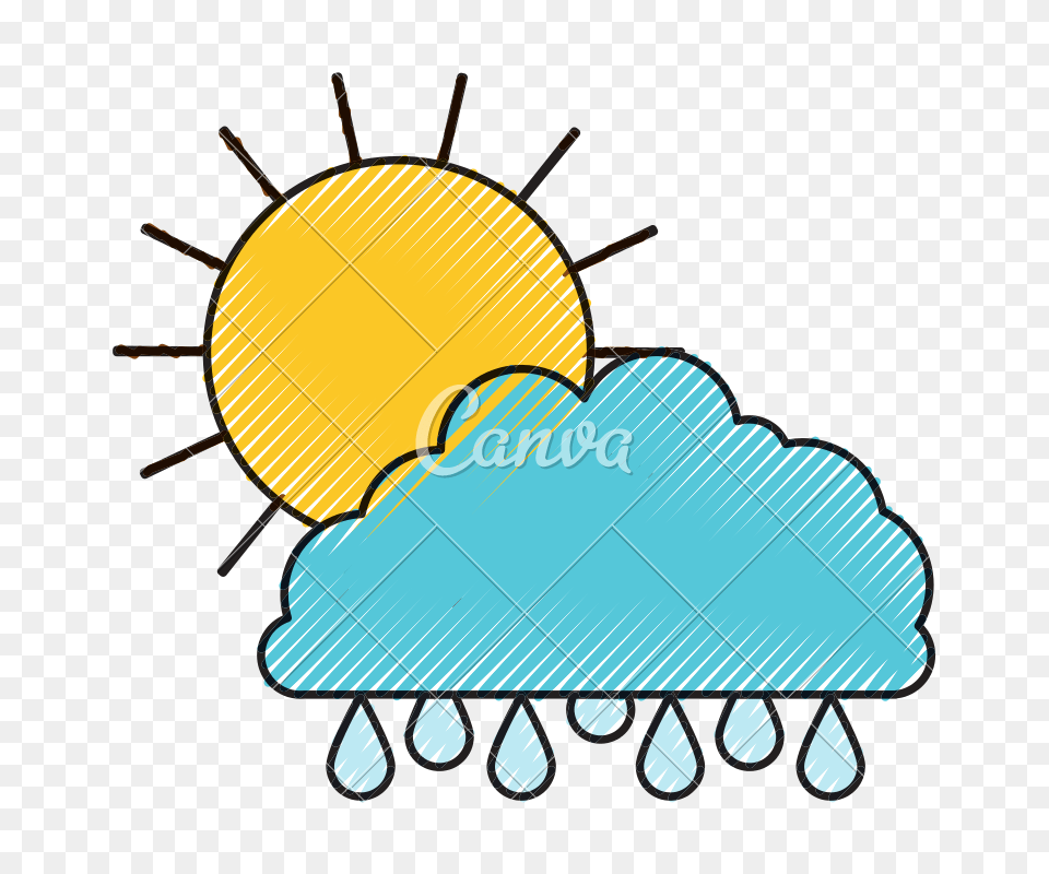 Sun And Cloud With Drops Rain Colored Crayon Silhouette, Nature, Outdoors, Light, Balloon Free Transparent Png