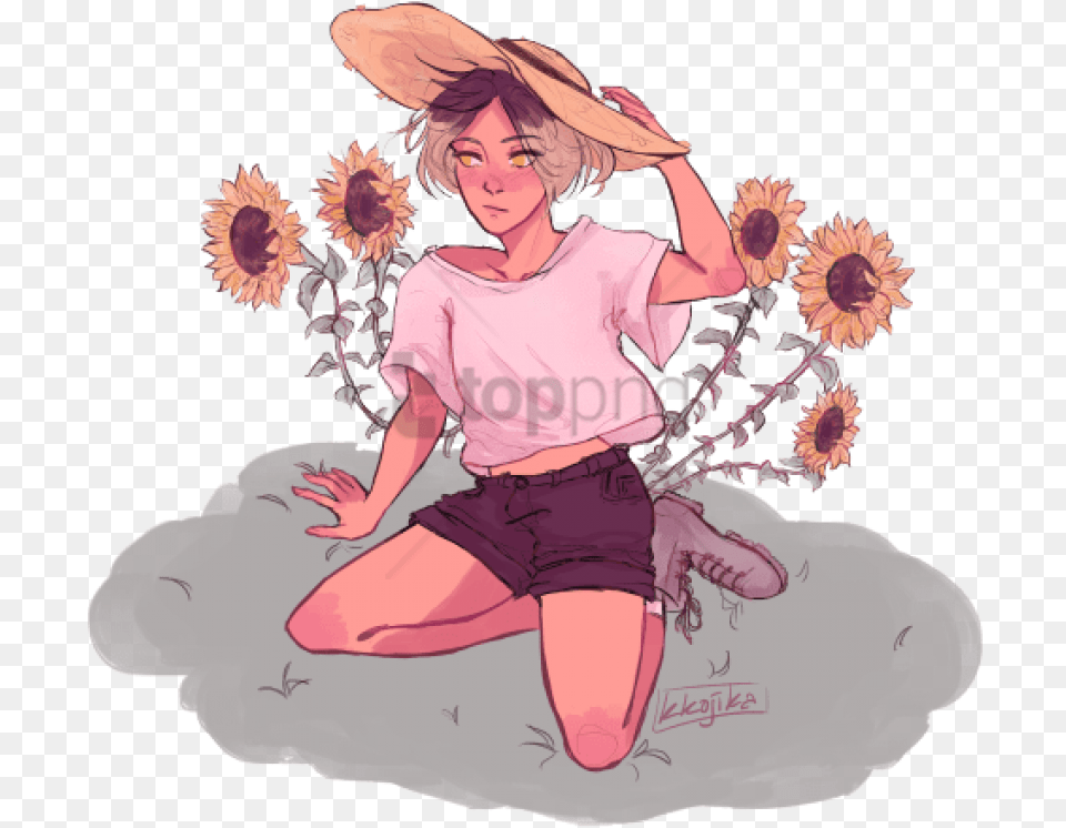 Sunflower Tumblr With Transparent Aesthetic Sunflower Girl Drawing, Adult, Publication, Person, Woman Png Image