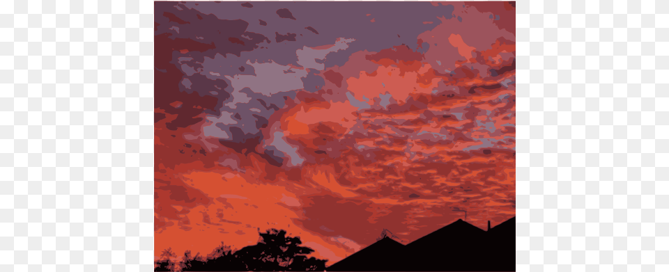Sunset Over Houses Painting, Cloud, Cumulus, Nature, Outdoors Free Transparent Png