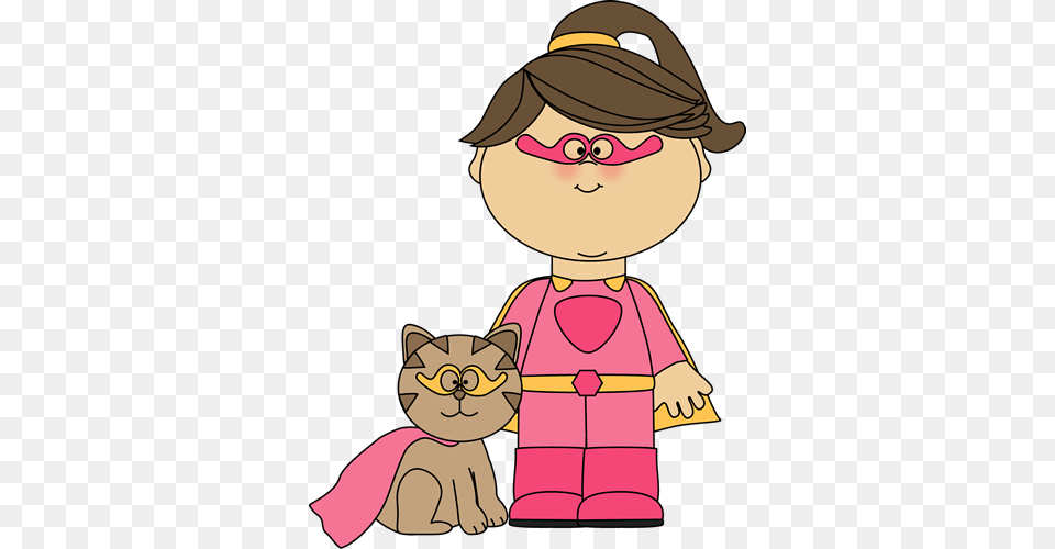 Super Hero Clip Art Borders Superhero Girl With A Cat Clip, Cartoon, Baby, Person, Face Free Png