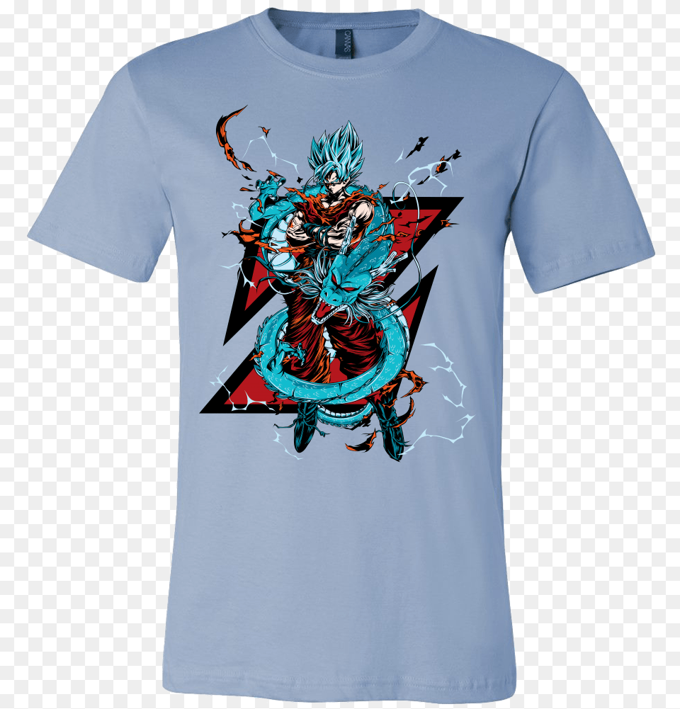 Super Saiyan Goku God Blue With Shenron Men Short Sleeve French Bulldog T Shirt, Clothing, T-shirt Png Image