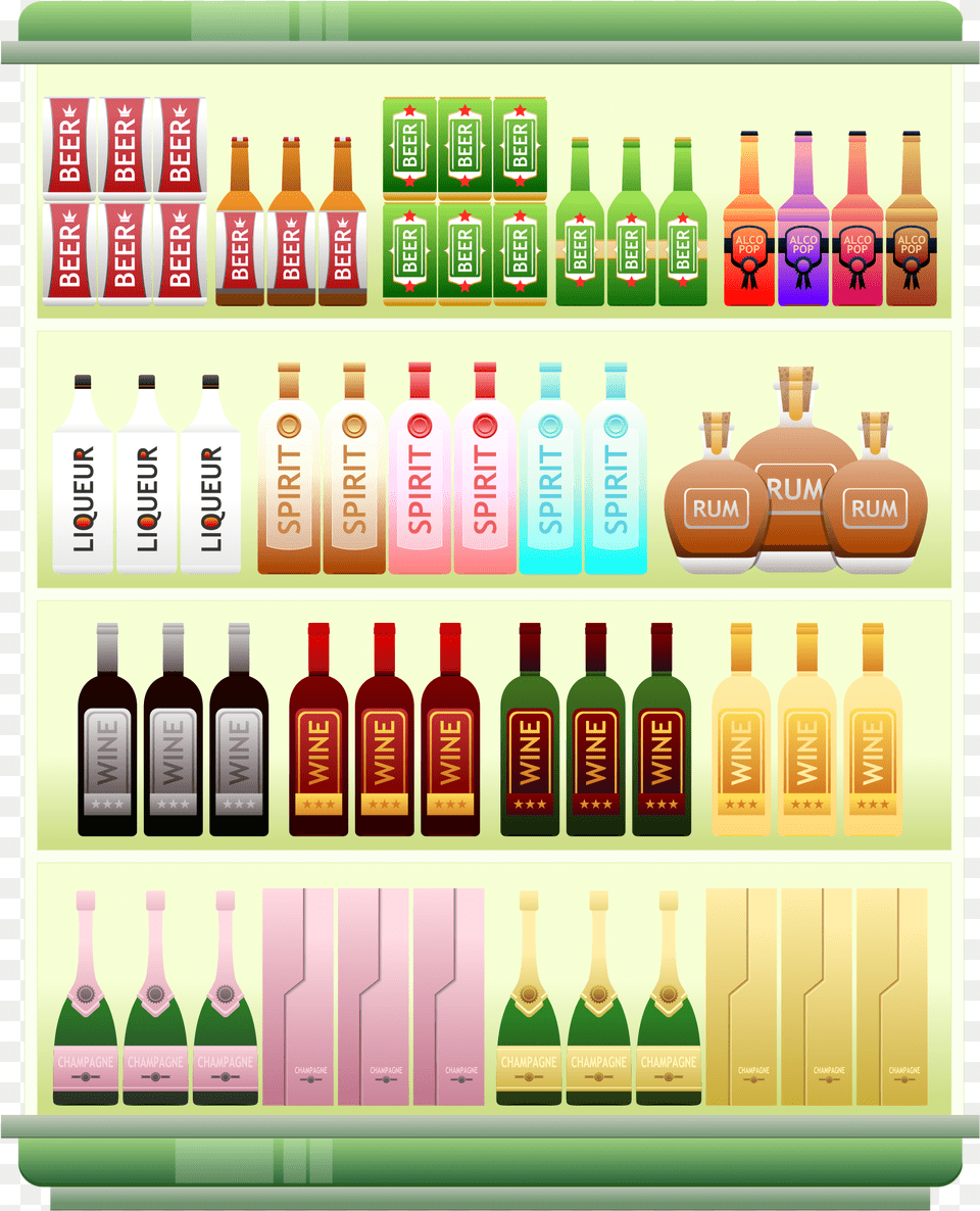 Supermarket Shelf Liquor Alcohol Spirits Beer Drinks Clipart Supermarket, Bottle, Cosmetics, Perfume, Beverage Png Image