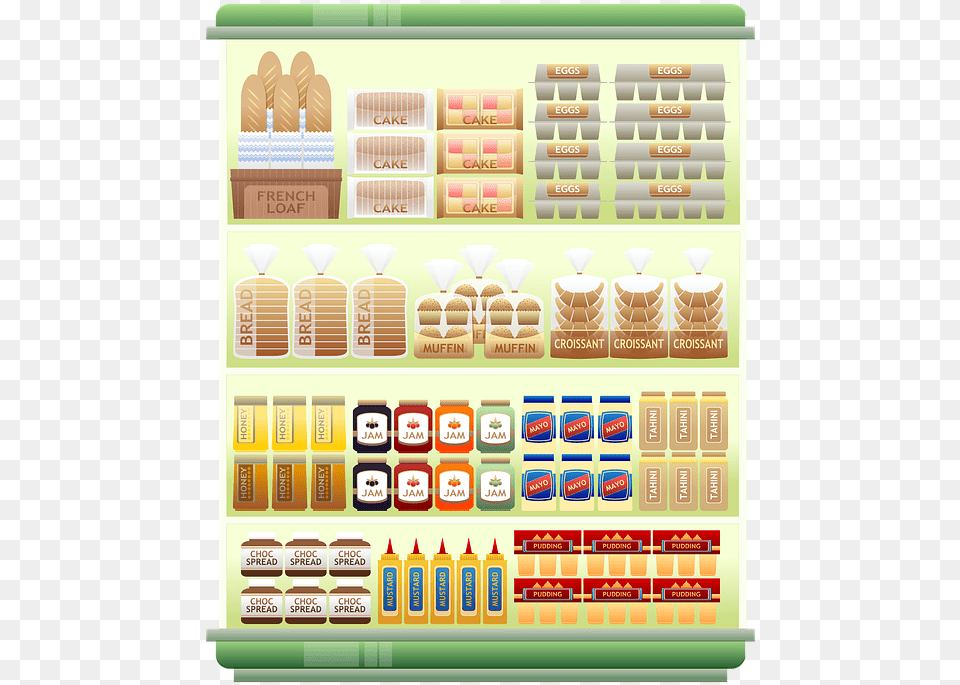 Supermarket Shelf Products Grocery Egg Bread Food Shelf, Shop, Sweets, Text Png