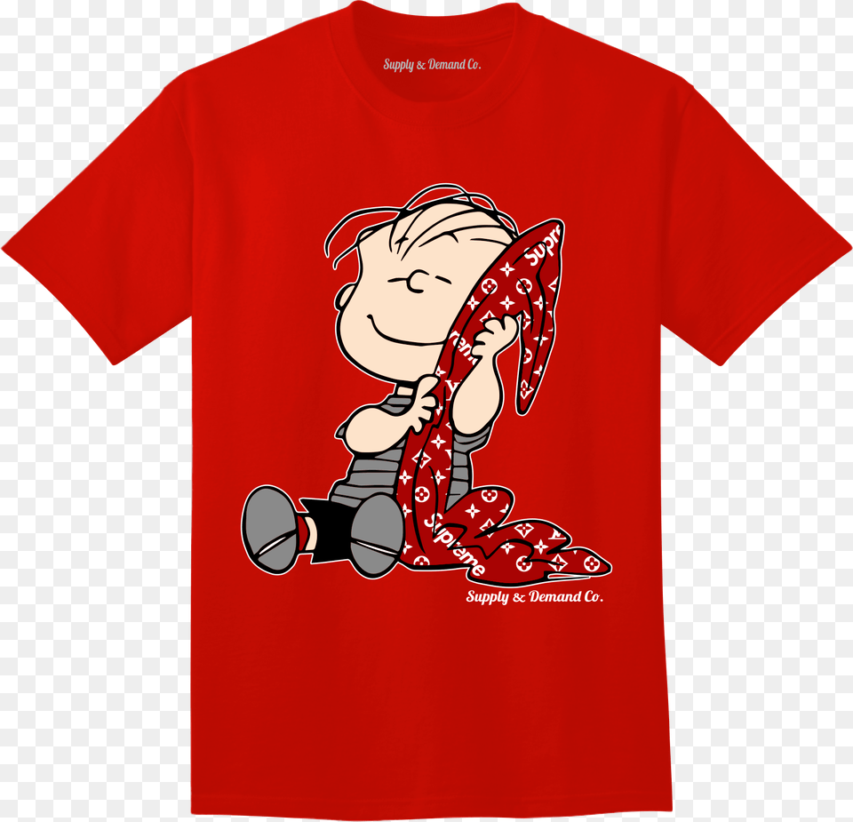 Supply Amp Demand Linus X Lv Supreme Red Tee Charlie Brown Supreme Shirt, T-shirt, Clothing, Produce, Plant Free Transparent Png