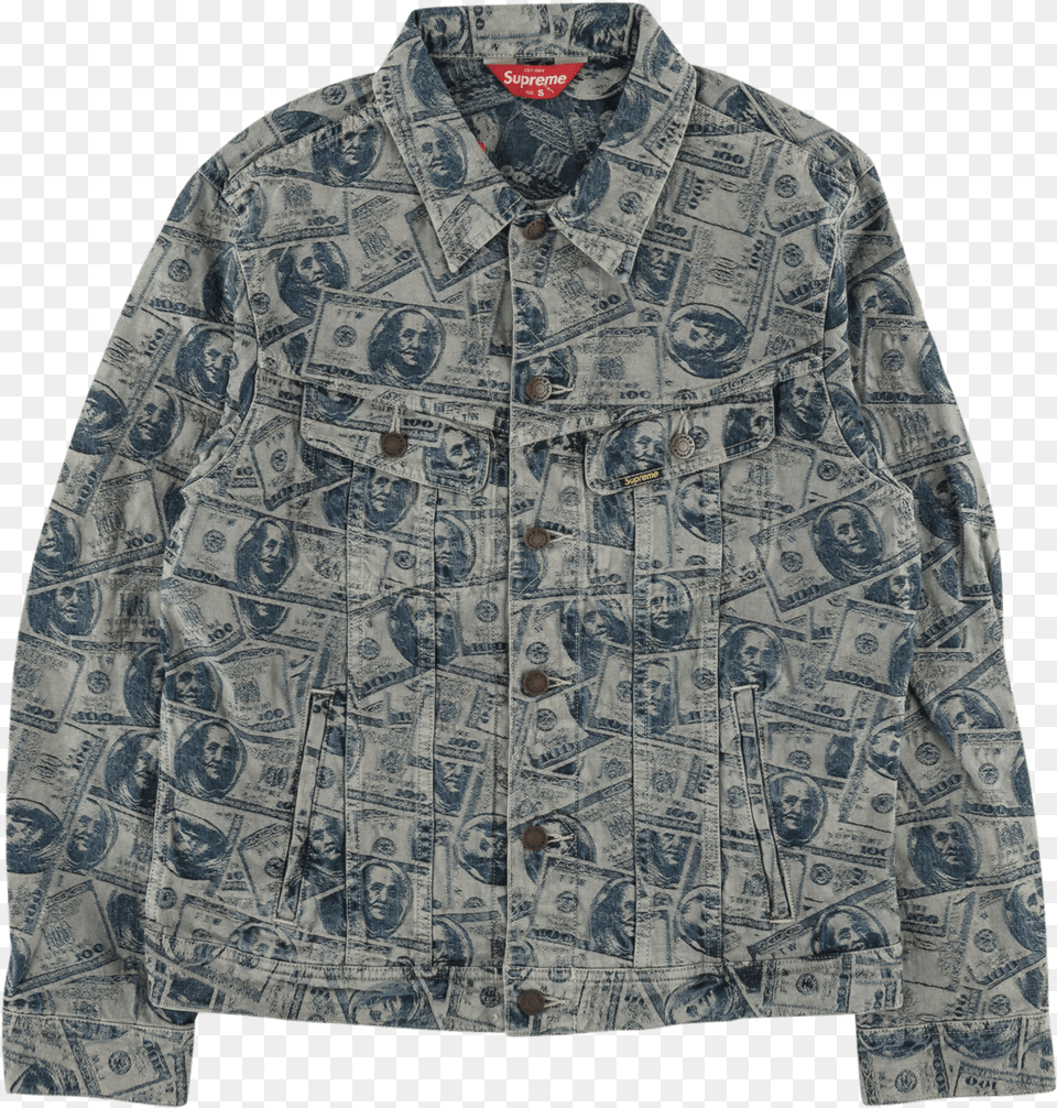 Supreme 100 Dollar Bill Trucker Jacket, Clothing, Coat, Long Sleeve, Sleeve Free Png