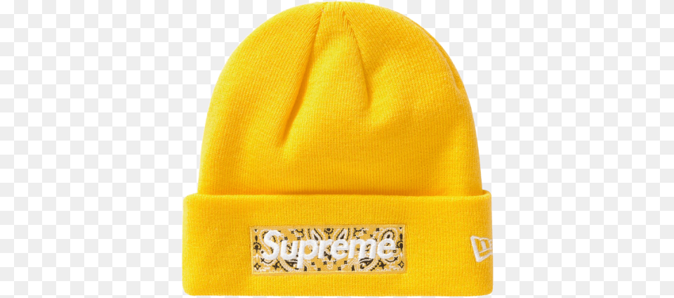Supreme New Era Box Logo Beanie Fw19 Yellow Beanie, Cap, Clothing, Hat Png Image