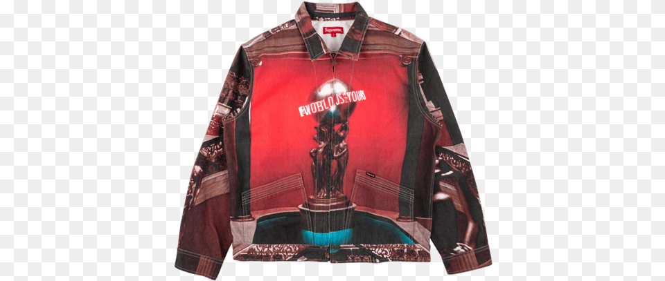 Supreme Scarface Denim Jacket Fw 17 The World Is Yours Jean Jacket, Clothing, Coat, Long Sleeve, Shirt Free Png