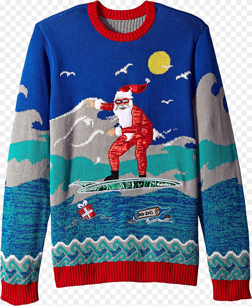 Surfing Santa Ugly Christmas Sweater, Clothing, Knitwear, Sweatshirt, Baby Free Png