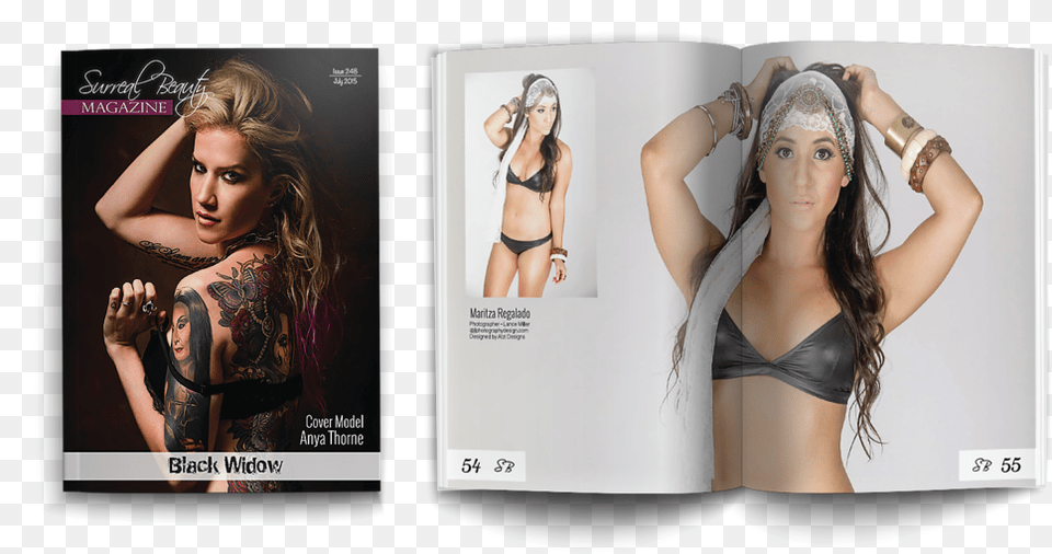 Surreal Beauty Magazine Black Widow Render2 Magazine, Tattoo, Skin, Person, Adult Free Png Download