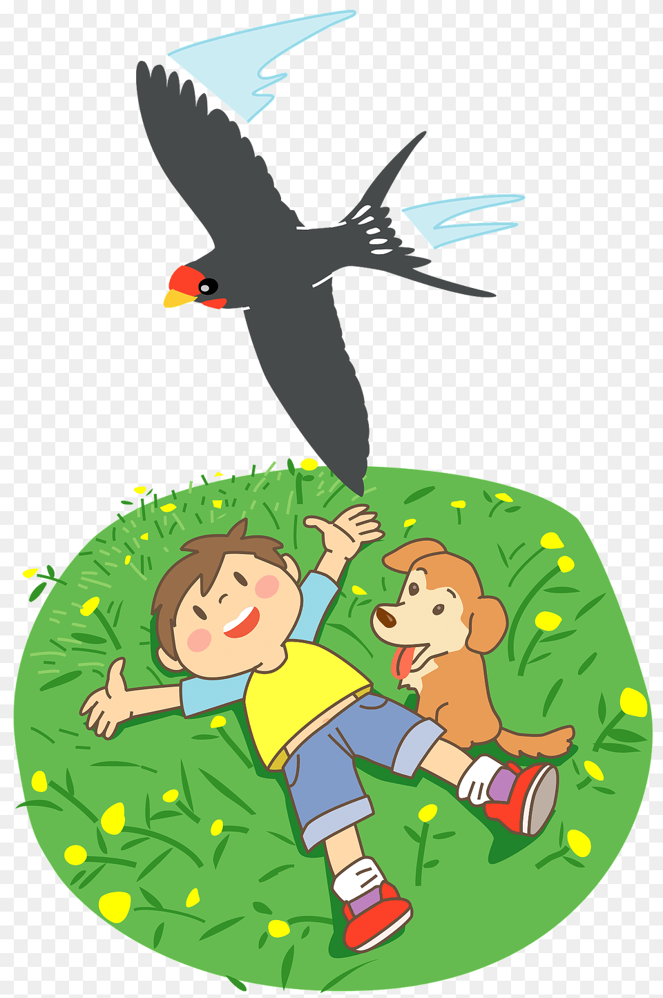 Swallow Flying Above A Child And His Dog Clipart, Animal, Bird, Blackbird, Baby Free Png