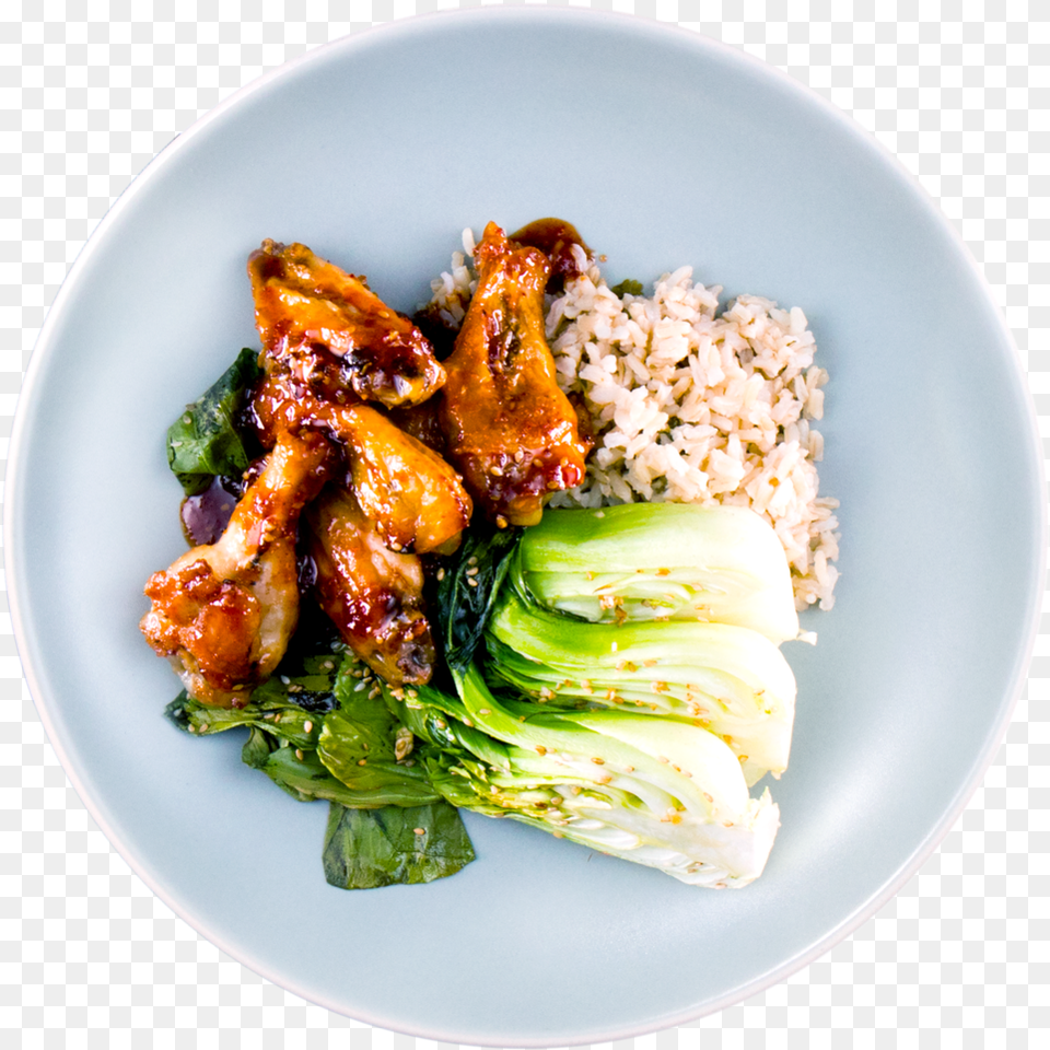 Sweet Korean Bbq Chicken Wings With Bok Choy And Cilantro Rice Spicy, Plate, Food, Leafy Green Vegetable, Plant Png Image