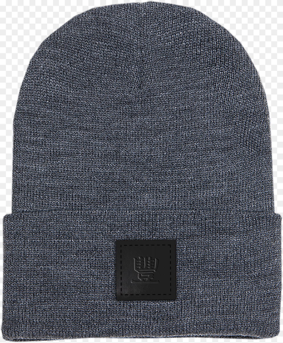 Symbol Leather Patch On Heather Grey Beanie Beanie, Cap, Clothing, Hat, Person Free Transparent Png