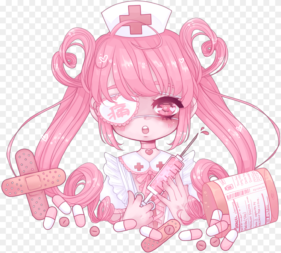 Syringe Pills Nurse Medical Eyepatch Freetoedit Peachy Pink Girl Anime, Book, Comics, Publication, Baby Free Transparent Png