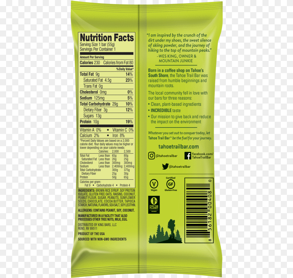 Tahoe Trail Bar Nutrition Facts Label, Book, Publication, Advertisement, Text Png