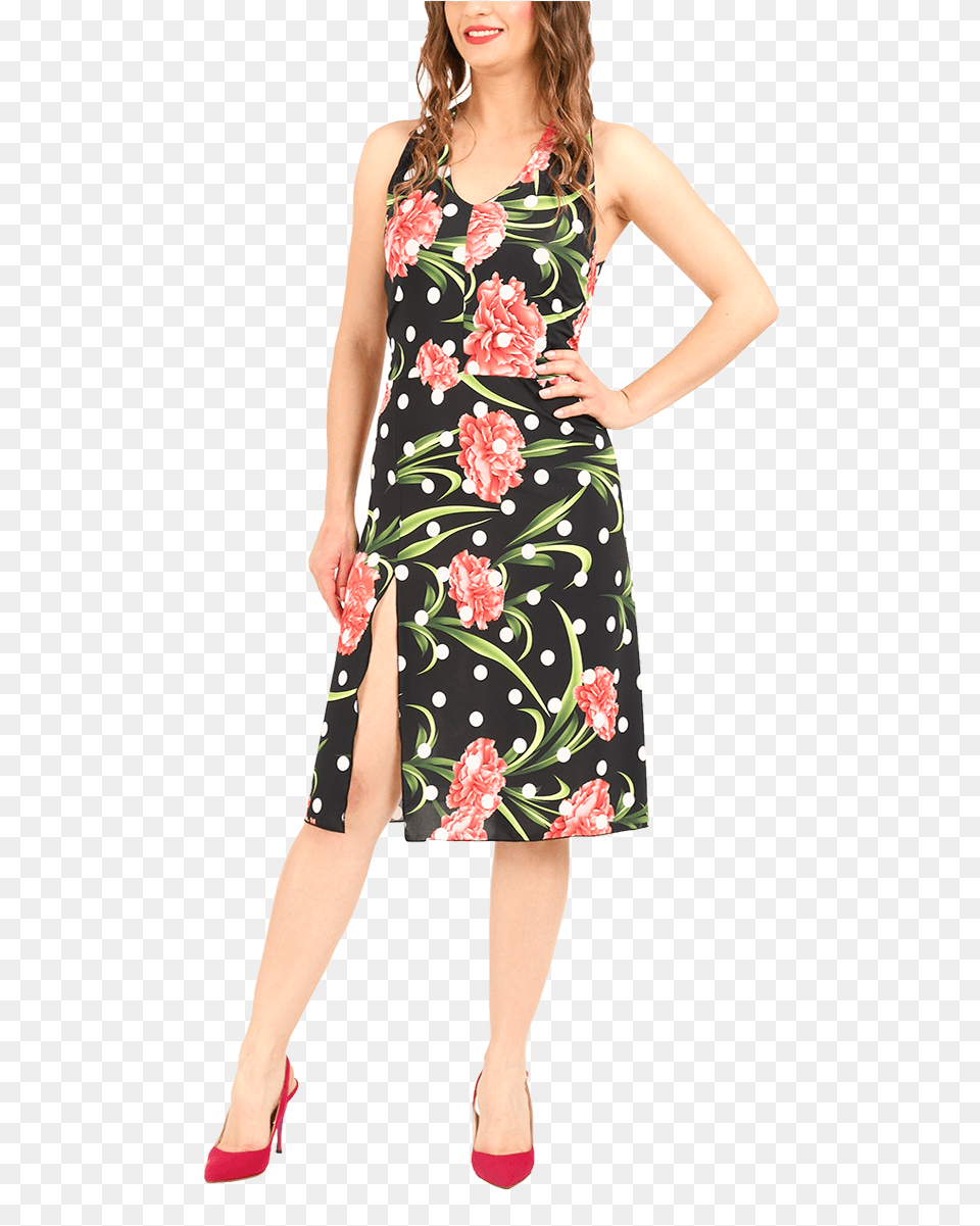 Tango Dress With Carnation Flowers Amp Polka Dot Print Day Dress, Clothing, Shoe, High Heel, Footwear Png