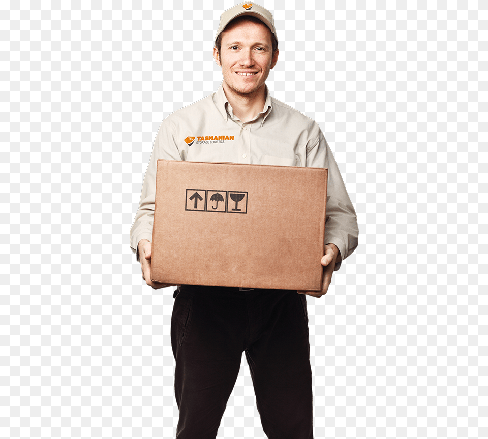 Tasmanian Storage Logistics Worker Holding A Cardboard Logistics Worker, Person, Package Delivery, Box, Carton Free Png