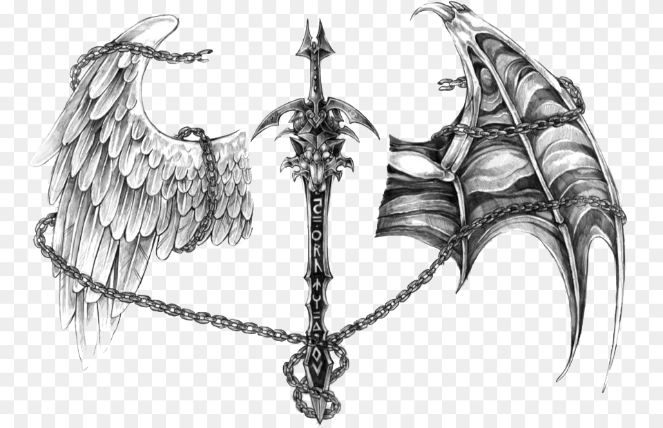 Tattoo Devil Demon Drawing Angel Transparent Image Angel And Devil Wing Tattoo, Blade, Dagger, Knife, Weapon Free Png