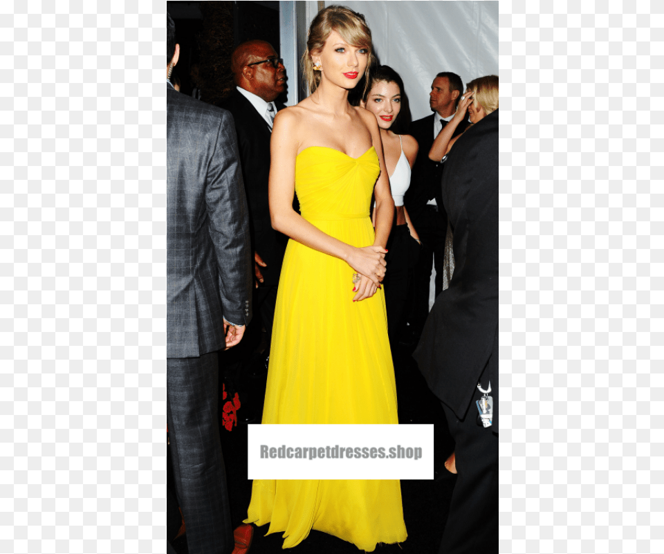 Taylor Swift Yellow Strapless Chiffon Dress Golden Taylor Swift Yellow Dress, Formal Wear, Clothing, Fashion, Adult Free Png