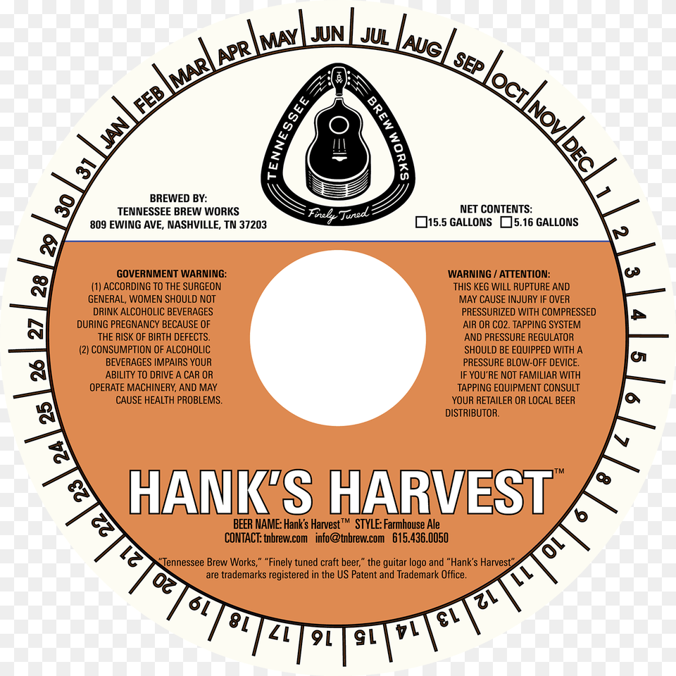 Tbw Hanks Harvest Keg Collar 2016 Craftbeerdotcom1 Tennessee Brew Works, Disk, Dvd Free Png Download