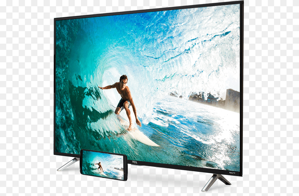 Tcl Display Angled To The Left Showing A Male Surfer Edenwood, Water, Sea, Screen, Outdoors Free Png
