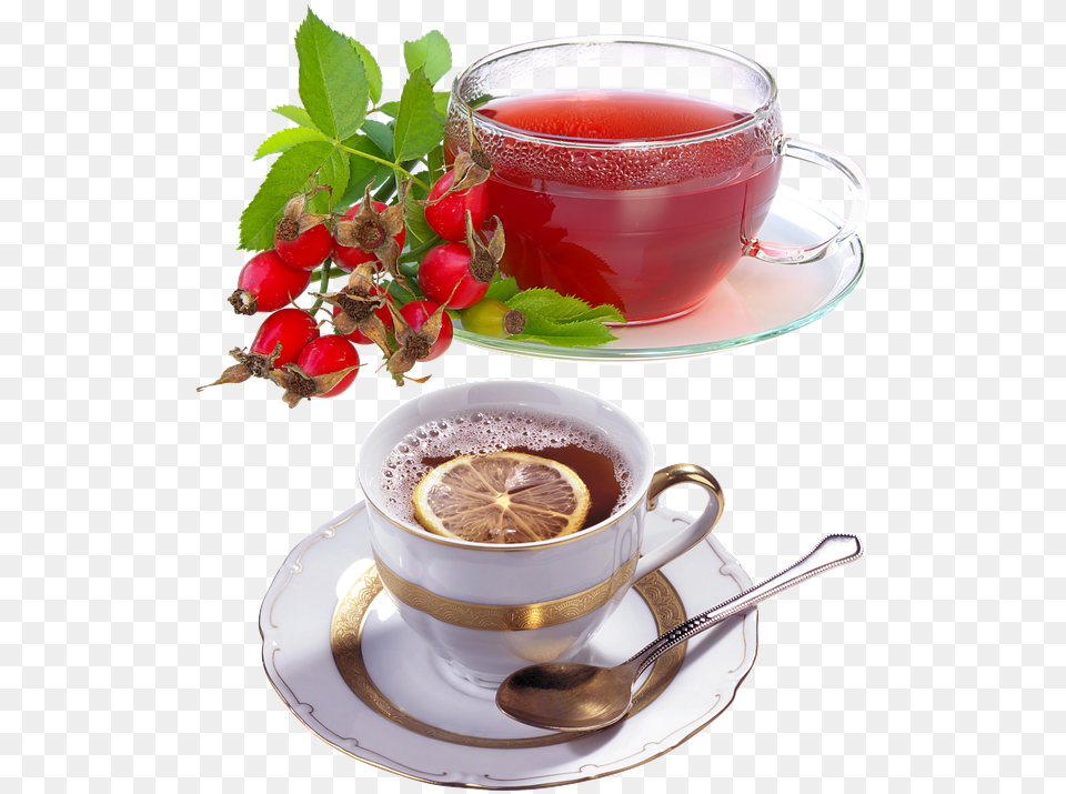 Tea A Cup Of Tea A Slice Of Lemon Berry Breakfast Rosehip Tea, Saucer, Food, Fruit, Plant Free Png Download