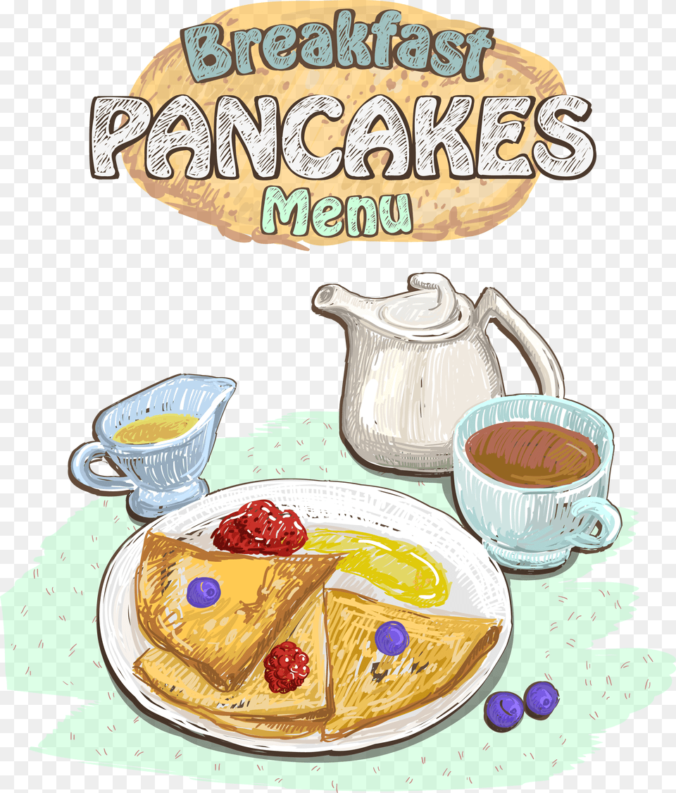 Tea Coffee Breakfast Pancake Croissant, Bread, Food, Cup, Plate Free Transparent Png